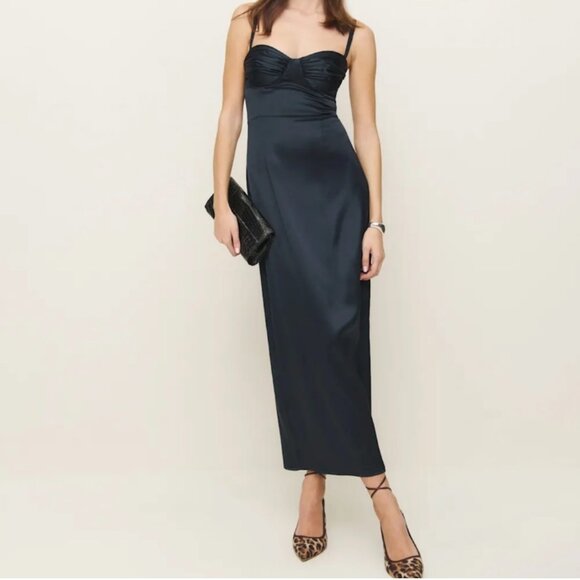 Reformation Stormi Satin Dress- Navy Blue - Picture 2 of 5